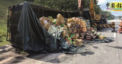 罗厘疑爆胎翻覆  满车杂货滚落马路