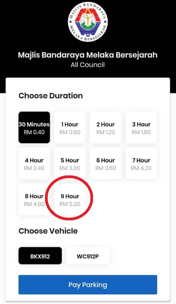 Syntax Valley Parking已将9小时（全天制）泊车费更正为5令吉（红圈处）。