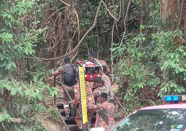 ■消拯员在丹绒端展开扑灭林火工作时，把可携式水泵机运到森林里。