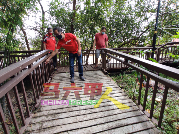 陈煌林（右起）向刘志俍反映木桥衔接海龙宫的小桥，破损严重。