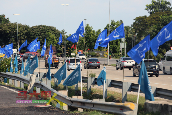 甲市区一些街道旁也插满许多国阵与国盟的旗帜，唯较抢眼的国阵蓝色旗帜则显得较突出。