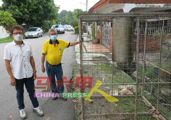 李春源（左）查看捕捉野猴的笼子，旁为陈福寿。