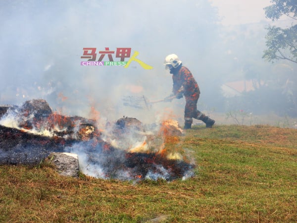 ■消拯员忍受着炎热天气，以及林火所发出的火焰及热气，使劲地使用灭火工具扑灭火势。