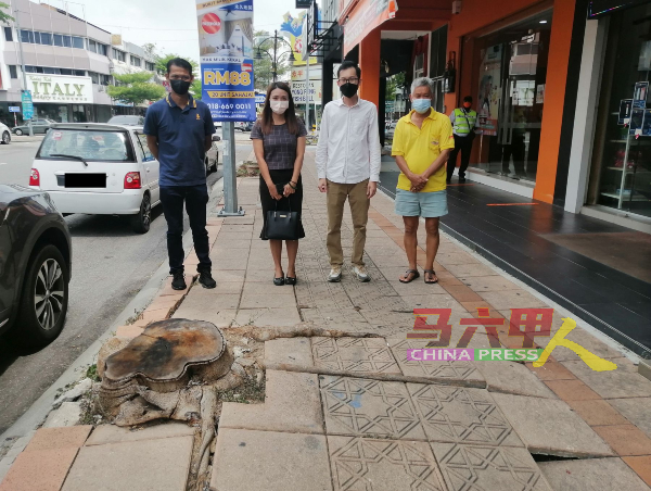 林朝雁（左2）接获商家投诉后，实地了解树根破坏走道的情况，左起纳吉、张育诚及陈书泉。