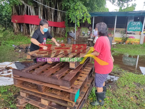 梁淑娟（左起）与秘书黄女士将托盘移入淹水的狗房内，以让猫狗有垫脚处。