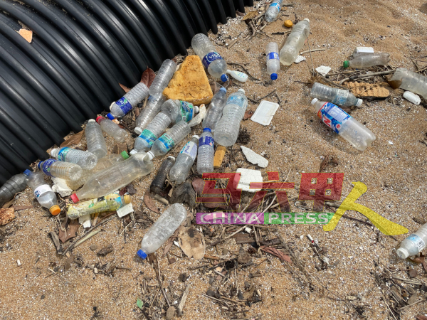 大量塑料瓶子被丢弃在海滩一处，令人摇头。