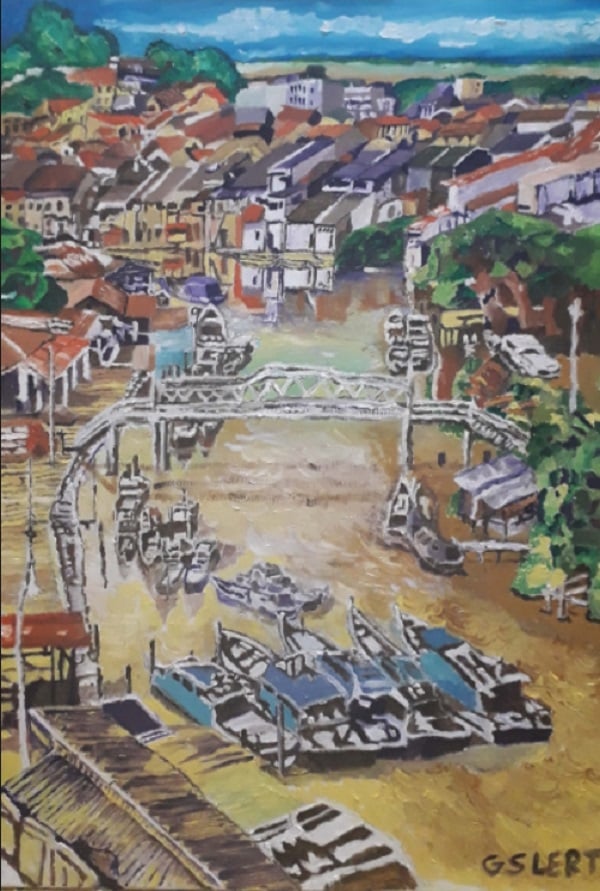 吴尚乐的祖父为渔夫，他画的这幅油画，是马六甲河的渔船。