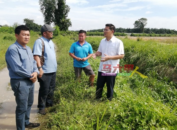 林万锋（右）向水利灌溉局人员解说排水道被阻塞问题。左是林千宏。