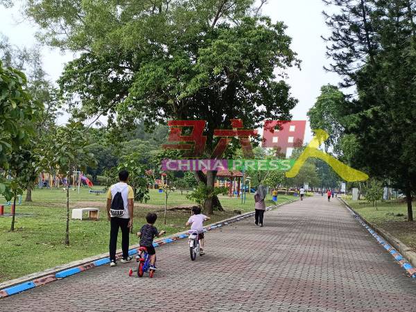 许多市民会来公园健步、运动，或是进行亲子活动，公园生气勃勃。