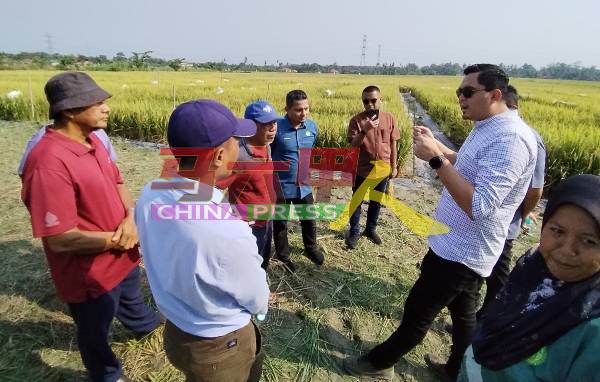 阿克马（右）与稻农商讨种植MR297种子事宜。