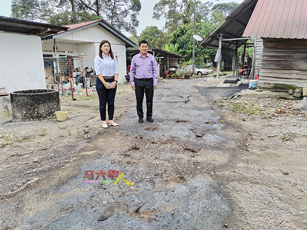 ■萧丽燕（左起）及林千宏，巡视其中一段“千疮百孔”的新村路。