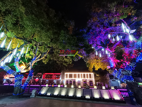 维多利亚喷泉对面的甲历史城市政厅获奖资料石碑，其周围的绿色植物也进行灯光装饰，夜间散发璀璨无比的光芒。