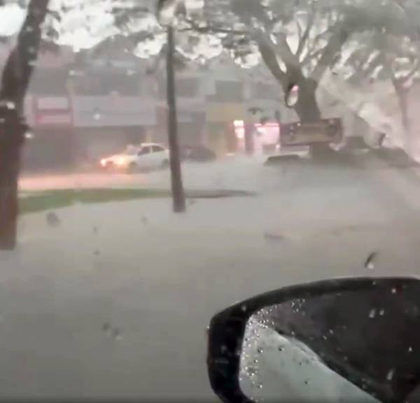 公众拍下峇株安南新马六甲花园前的淹水路段。（截图自视频）
