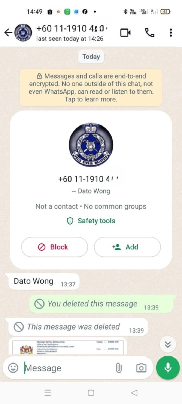 ■骗子冒称为来自武吉阿曼警察总部的Dato Wong。