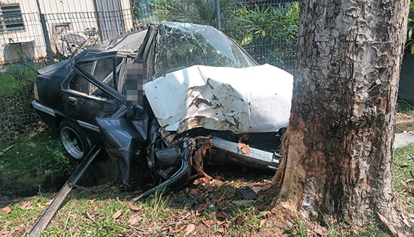 消拯员抵达现场时，发现一辆轿车撞击路旁大树，司机被夹在车内。
