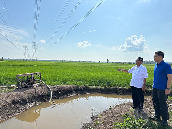 农田灌溉对农业生产十分重要，林万锋（右起）与卡丹观察稻农抽取水道水源以灌溉。