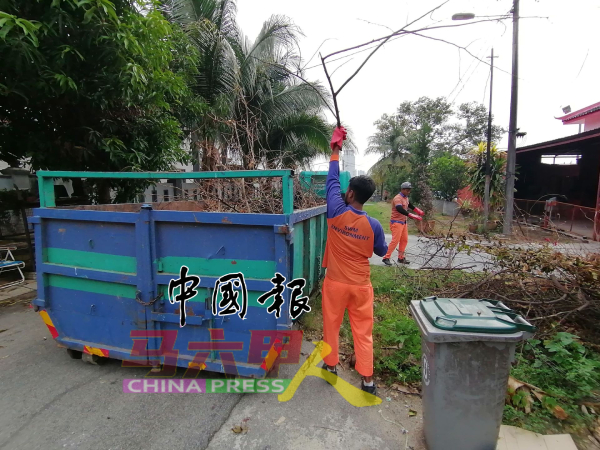 两名清洁工捡收剪锯后的树枝。