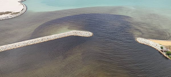 被染黑的河水流入马六甲海峡。