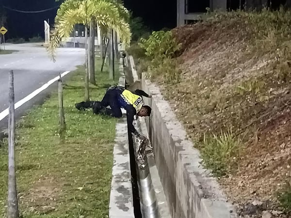 一名警员准备救起掉在水沟的小狗。（图自取警方面子书）