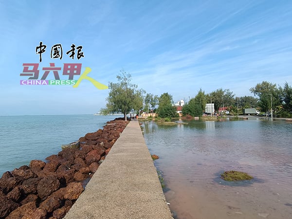 海水倒灌水晶湾，大片草地淹没成一片“海域”。