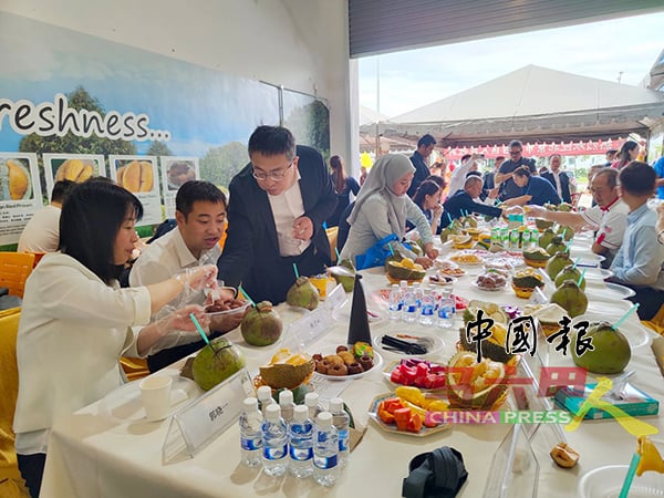 ■嘉宾们品尝本地美食及各种热带水果，包括多个品种榴梿。