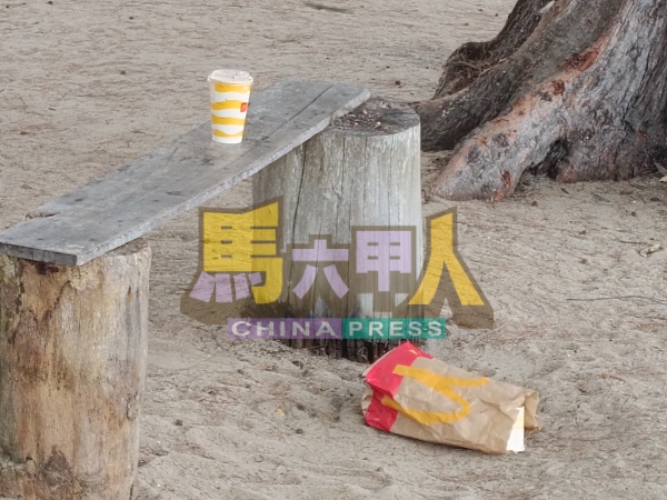 海滩发现乱丢的快餐袋。