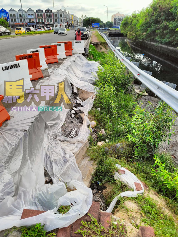 ■发展商用于防止沙石流失的塑料片已经破损,现场长出野草。